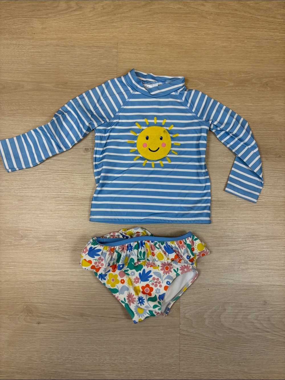 Baby Boden Little Girls’ 18-24M Blue Striped Rash Guard & Floral Swim Bottoms